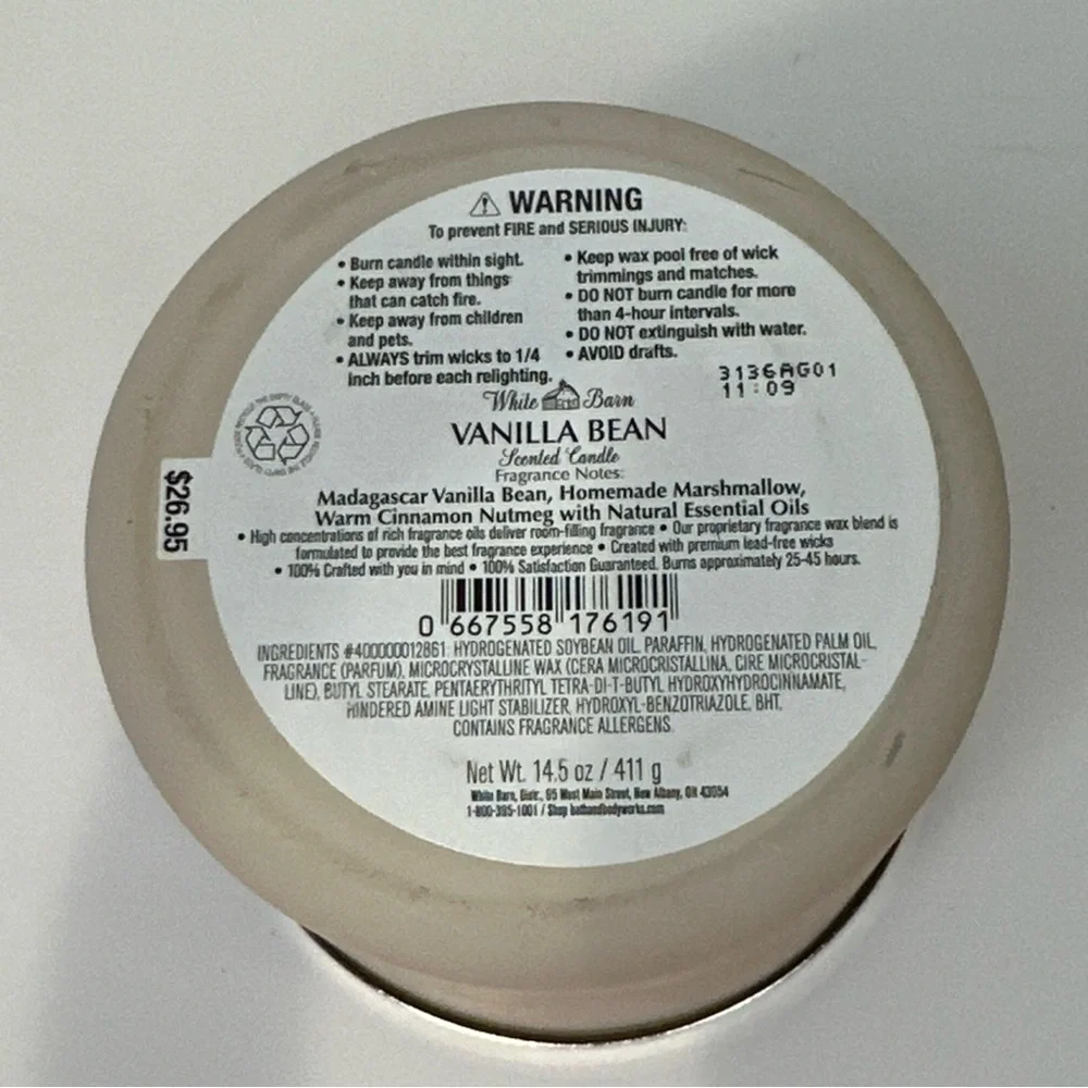 Bath & Body Works White Barn Vanilla Bean 3-Wick Candle, 14.5 oz - Ivory *READ* - Picture 5 of 12
